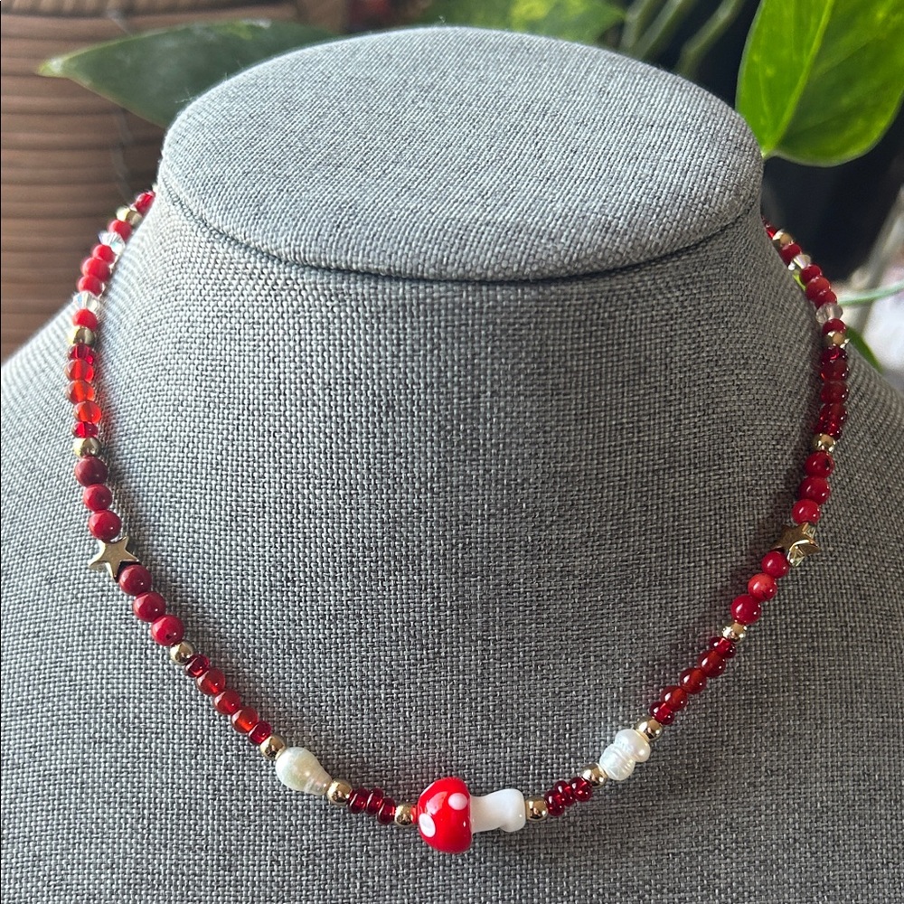 🍄 Handmade Mushroom + Freshwater Pearl Beaded Necklace